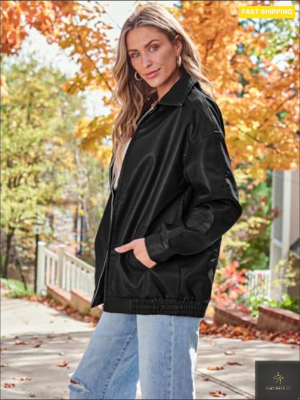 Oversized Faux Leather Motorcycle Jacket Y2K Punk Style Zipper Closure - Picture 3 of 5